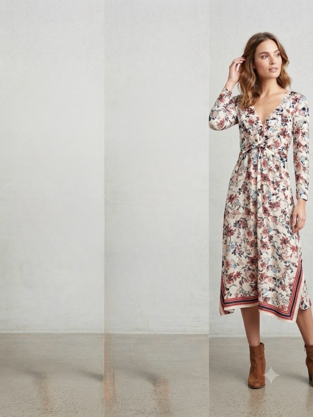 Cream Floral Long-Sleeve Midi Dress with Tie Waist